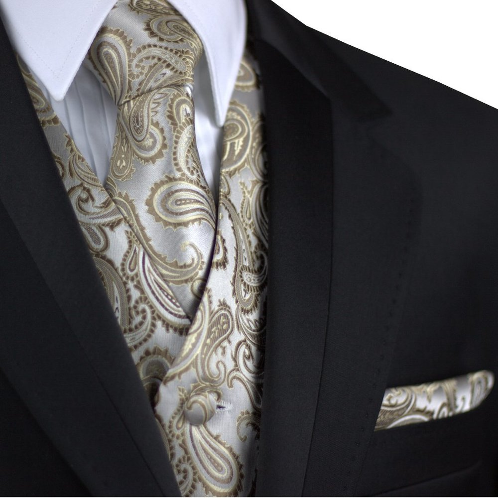 Men's Formal Wedding Prom Homecoming Tuxedo Vest Tie Hankie set - Latte Paisley